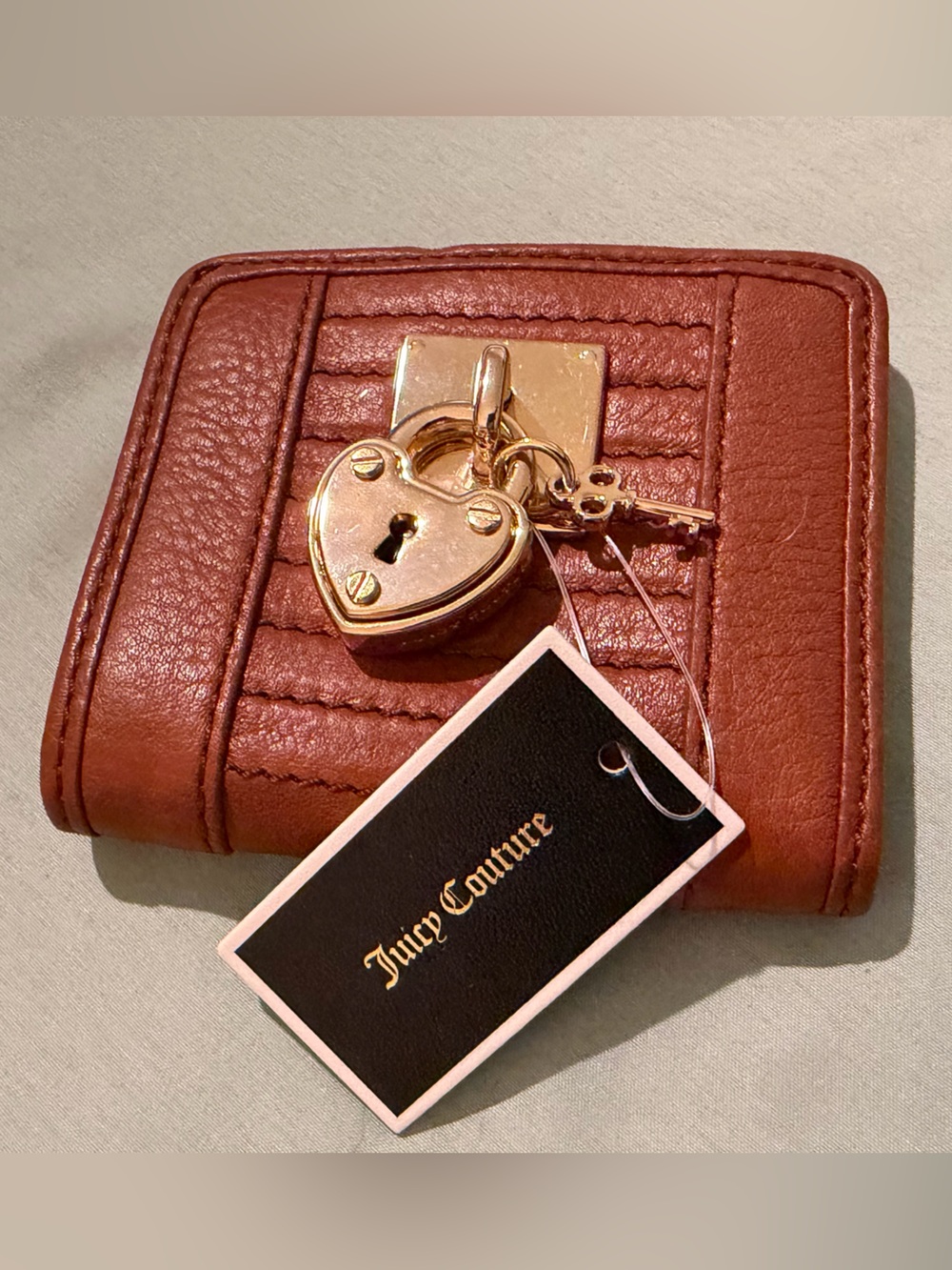 Juicy Couture Copper Brown Quilted Robertson Leather Wallet with Gold Lock Charm